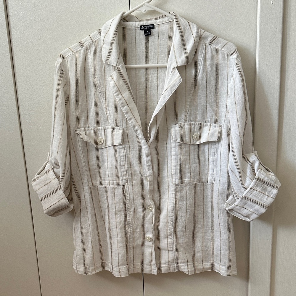 J. Crew Beige Striped Linen-Cotton Camp Style Shirt